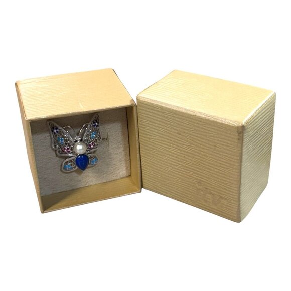 Butterfly Enamel Sterling Silver Ring Lapis Lazuli Pearl Accents Cloisonne 925 - Picture 11 of 11